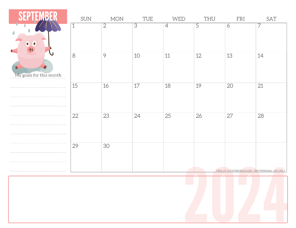 SEPTEMBER 2024 CUTE monthly planner - free printable 2024 monthly calendar pink pig #printablesandinspirations #freeprintable SEE PREVIOUS POST TO DOWNLOAD THE COMPLETE 2024 CALENDAR