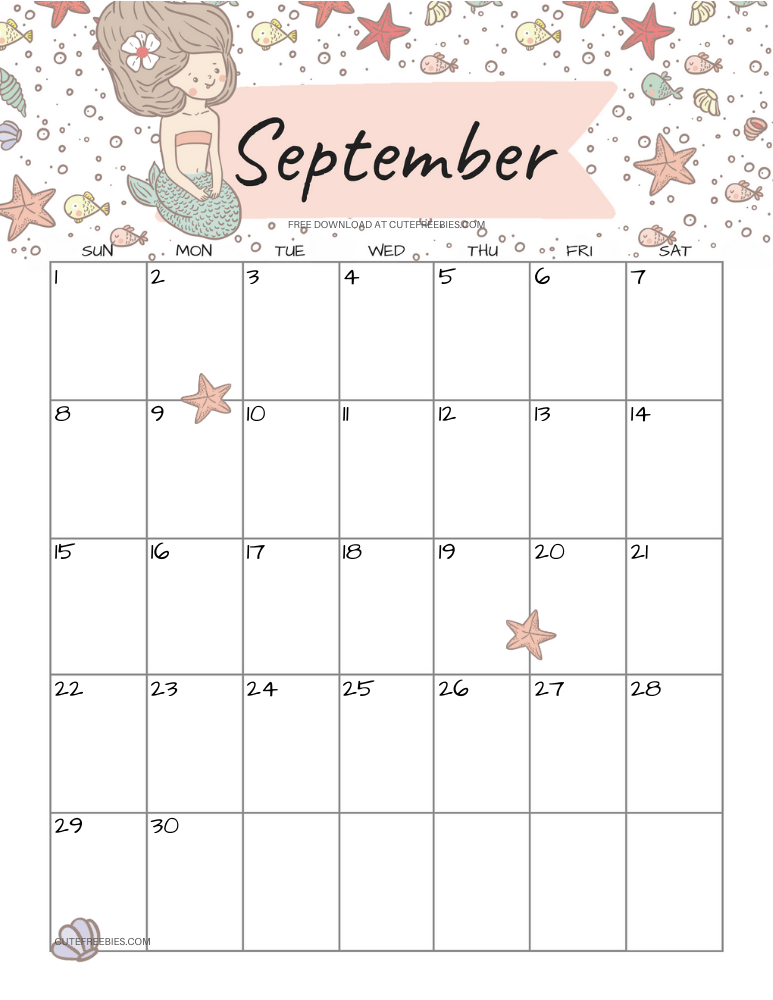 September 2024 monthly calendar with cute mermaid #cutefreebiesforyou #mermaid #freeprintable SEE PREVIOUS POST TO DOWNLOAD THE COMPLETE 2024 CALENDAR
