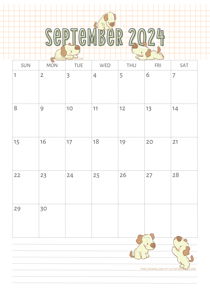 September 2024 calendar for kids cute dogs free printable #cutefreebiesforyou SEE PREVIOUS POST TO DOWNLOAD THE COMPLETE 2024 CALENDAR