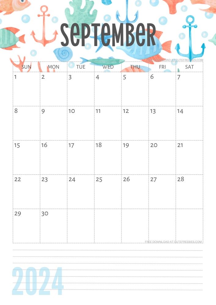 September 2024 Under the Sea themed calendar free printable - SEE PREVIOUS POST TO DOWNLOAD THE COMPLETE 2024 CALENDAR