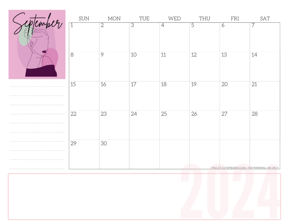 SEPTEMBER 2024 line art calendar for women - free printable monthly planner - CLICK PREVIOUS POST TO DOWNLOAD THE COMPLETE 2024 CALENDAR