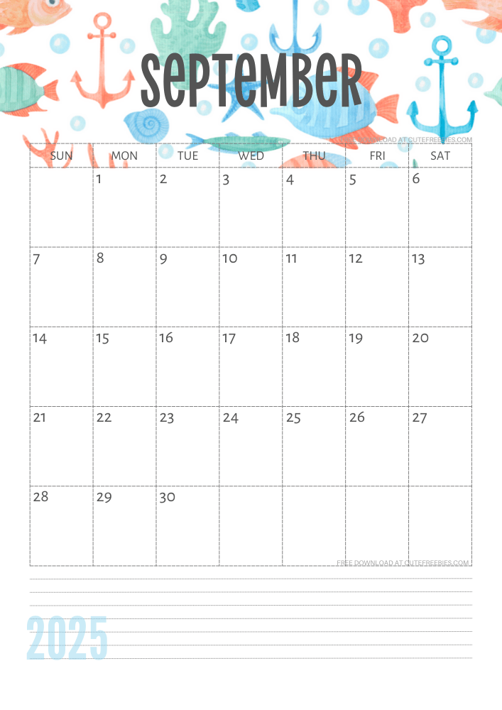 September 2025 Under the Sea themed calendar free printable - SEE PREVIOUS POST TO DOWNLOAD THE COMPLETE 2025 CALENDAR