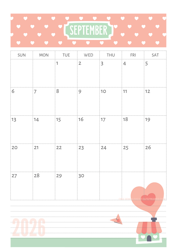 September 2026 Cute calendar free printable - SEE PREVIOUS POST TO DOWNLOAD THE COMPLETE 2026 CALENDAR
