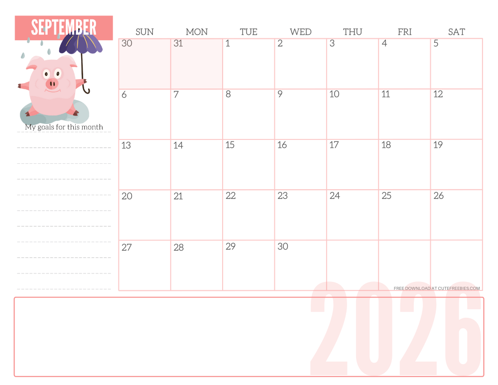 September 2026 CUTE monthly planner - free printable 2026 monthly calendar pink pig #printablesandinspirations #freeprintable SEE PREVIOUS POST TO DOWNLOAD THE COMPLETE 2026 CALENDAR