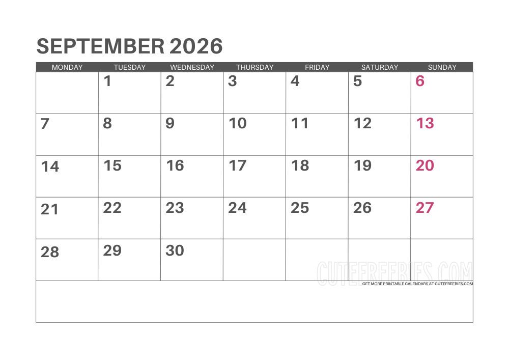 September 2026 Monday calendar free printable monthly planner #cutefreebiesforyou - SEE PREVIOUS POST TO DOWNLOAD THE COMPLETE 2026 CALENDAR PLANNER