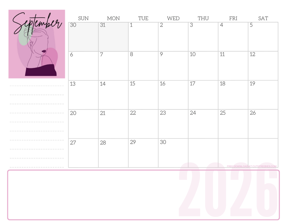 September 2026 line art calendar for women - free printable monthly planner - CLICK PREVIOUS POST TO DOWNLOAD THE COMPLETE 2026 CALENDAR