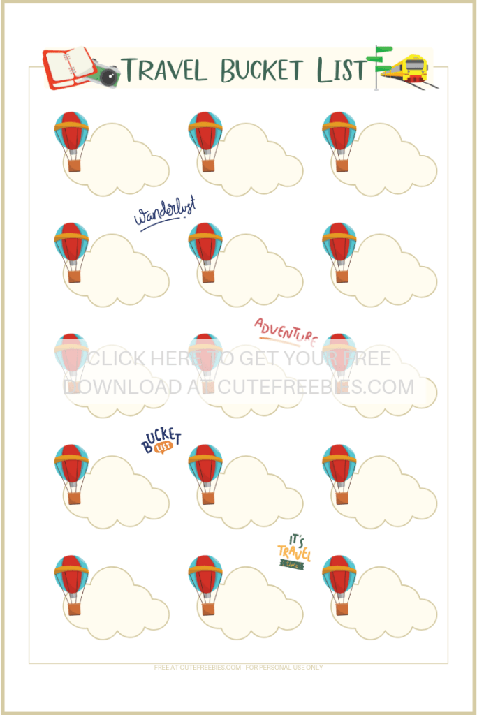 Free printable travel bucket list - from your Free Printable Travel Planner And Journal Stickers. #bulletjournal #travel #wanderlust #freeprintable #travelplanner #cutefreebiesforyou