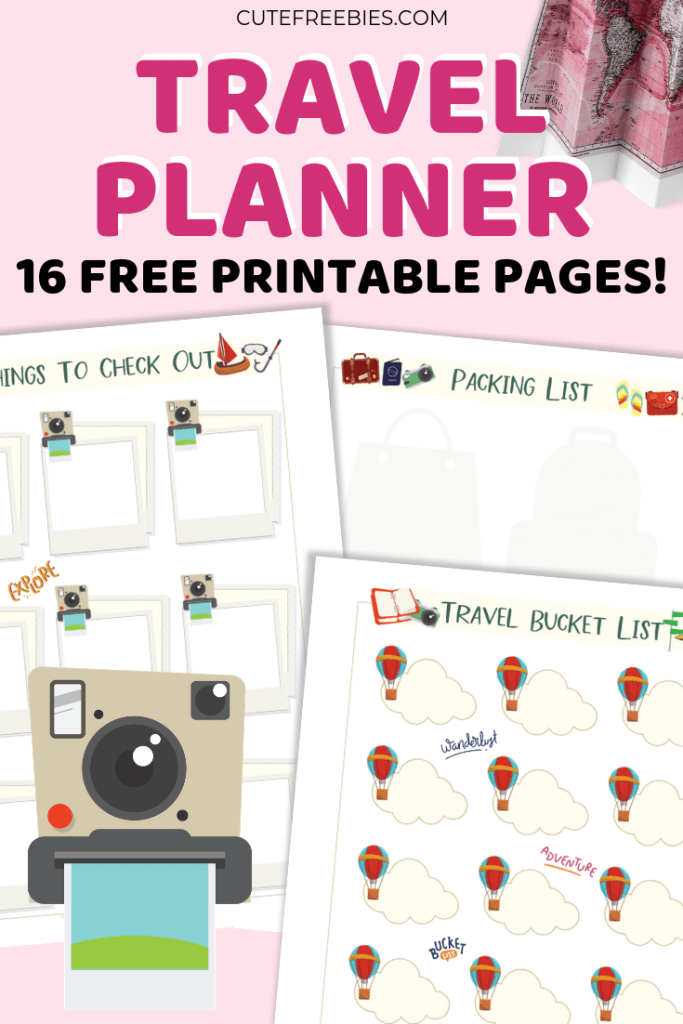 Free Printable Travel Planner And Journal Stickers! Includes a packing list, travel bucket list, and more travel-themed pages for your binder or bullet journal. #bulletjournal #travel #wanderlust #freeprintable #travelplanner #cutefreebiesforyou