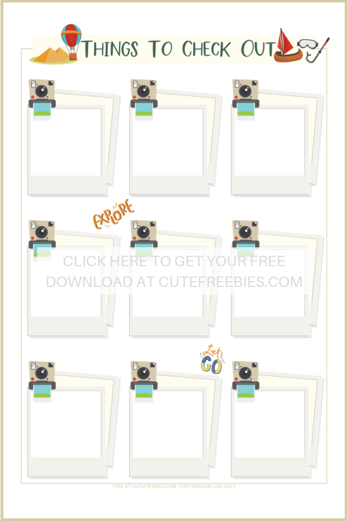 Activities page or things to check out - from your Free Printable Travel Planner And Journal Stickers. #bulletjournal #travel #wanderlust #freeprintable #travelplanner #cutefreebiesforyou