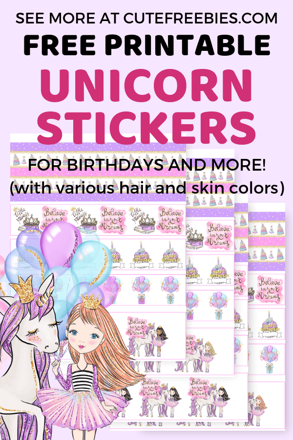 Free Unicorn Birthday Planner Stickers! Choose from various hair and skin colors and use as journal stickers. Free download now! #cutefreebies #plannerstickers #freeprintable #bulletjournal #bujoideas #unicorn #unicornbirthday