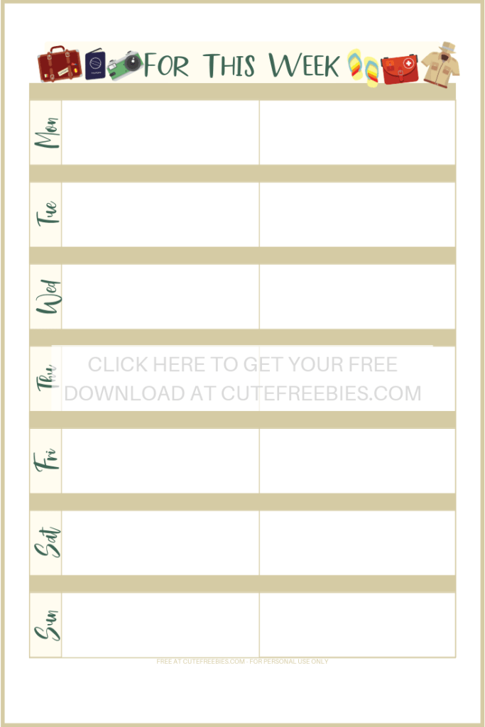 Free weekly planner from your Free Printable Travel Planner And Journal Stickers. #bulletjournal #travel #wanderlust #freeprintable #travelplanner #cutefreebiesforyou